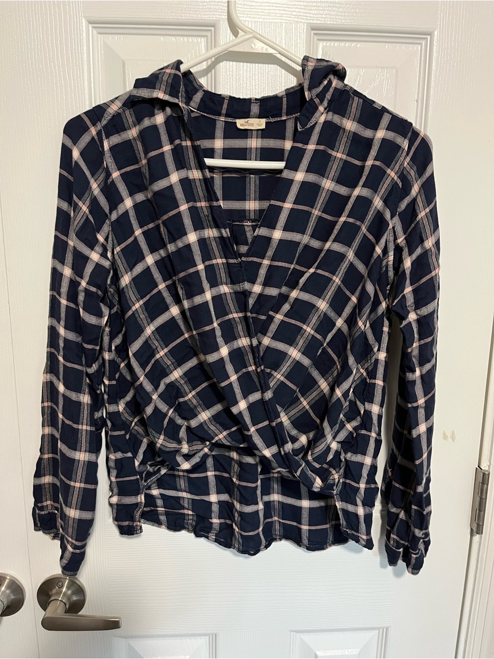 Women’s Navy Plaid Wrap Blouse